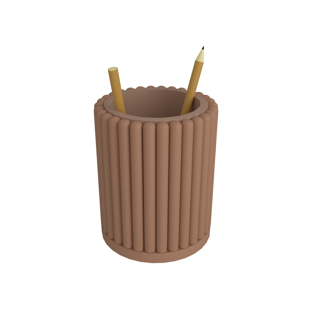 Organizer Set pen cup: a tall ribbed tan cup holding two pencils